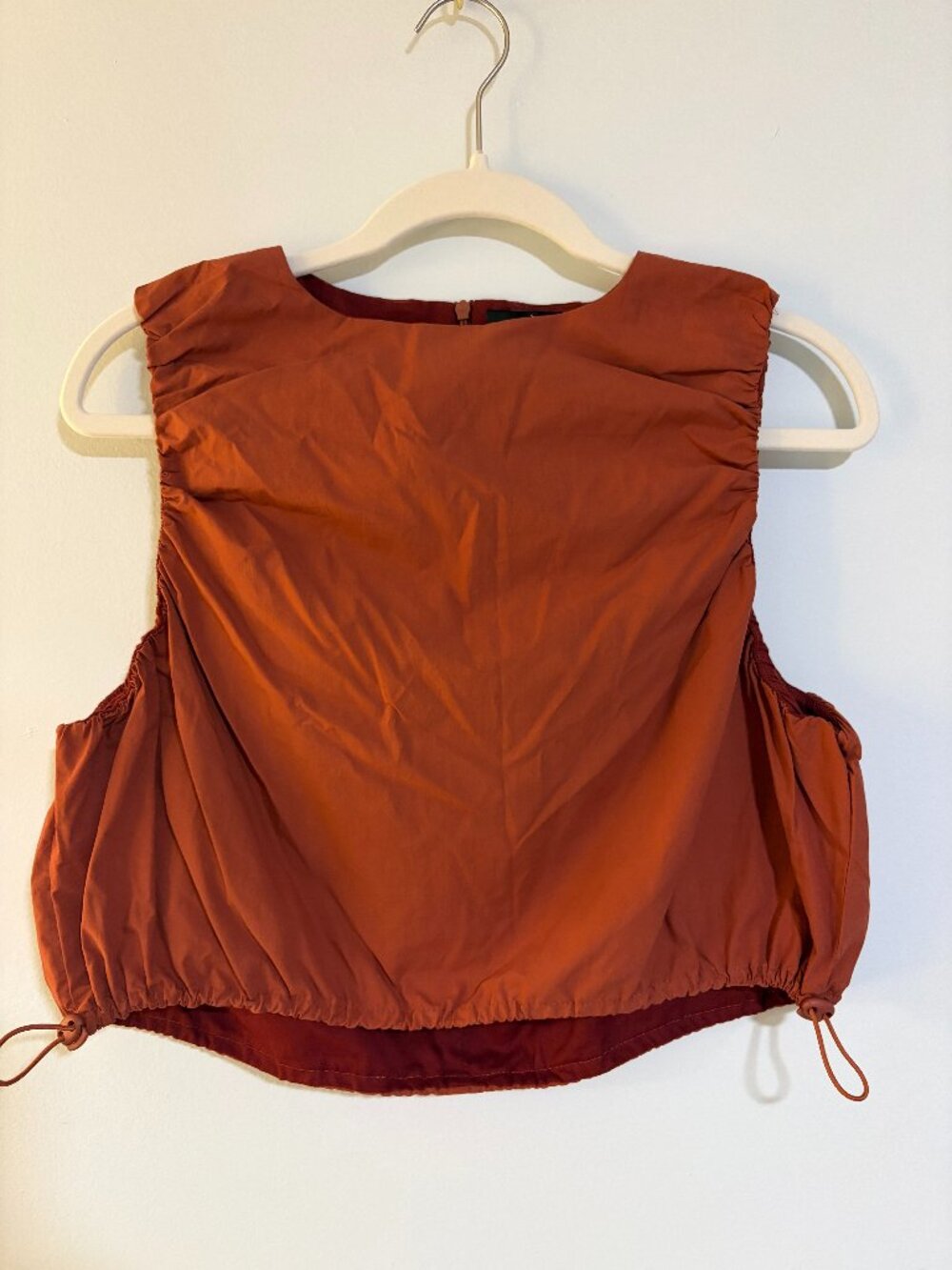 Dèluc Rust Orange Ruched Sleeveless Crop Top with Adjustable Drawstring Hem